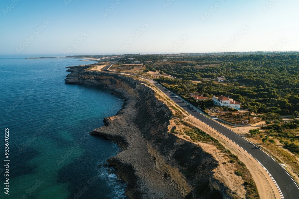 Aerial view of a coastal road running along a rugged cliff with the blue ocean on one side and green landscape on the other. Aerial view of a coastal road running along a rugged cliff with the blue ocean on one side and green landscape on the other.