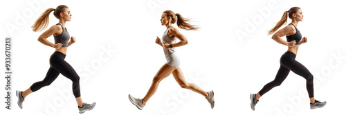  Set of young woman runner in mid-stride, jogging with energy and determination, side view, full length, athletic attire isolated on a transparent background