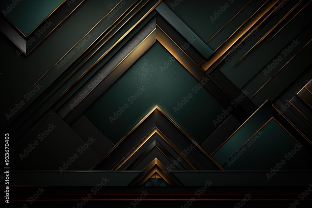 Fototapeta premium Abstract dark green background with gold accents and geometric shapes.