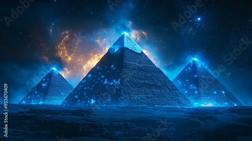 31. The Pyramids of Giza in Egypt, glowing with blue and gold bioluminescent patterns as the night falls. The ancient pyramids create a mystical atmosphere. Cinematic, fantasy style