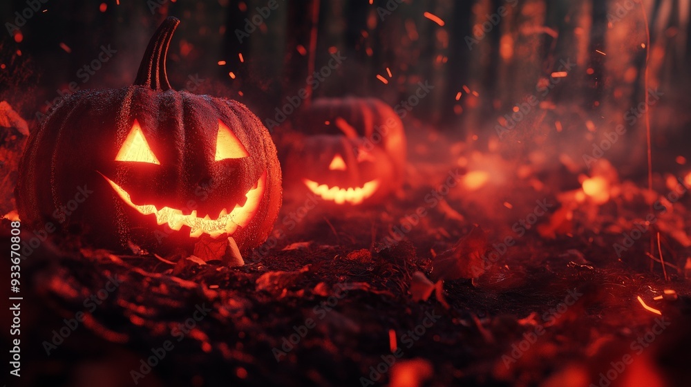Glowing jack-o'-lanterns with intense orange light in a dark, fiery forest setting Glowing jack-o'-lanterns with intense orange light in a dark, fiery forest setting