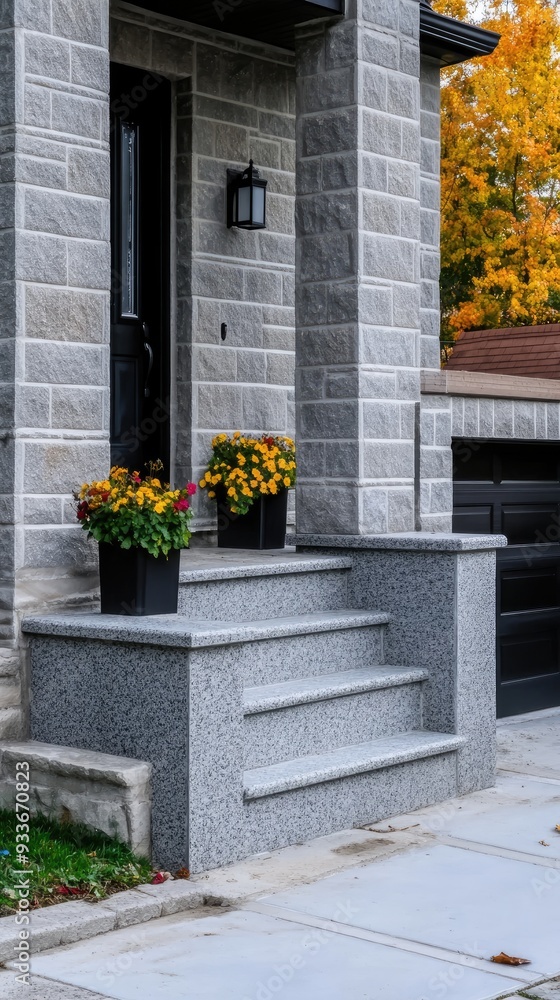 A sleek modern home features a black garage door and inviting wooden stairs, flanked by vibrant flower pots and complemented by a stylish stone wall A sleek modern home features a black garage door and inviting wooden stairs, flanked by vibrant flower pots and complemented by a stylish stone wall
