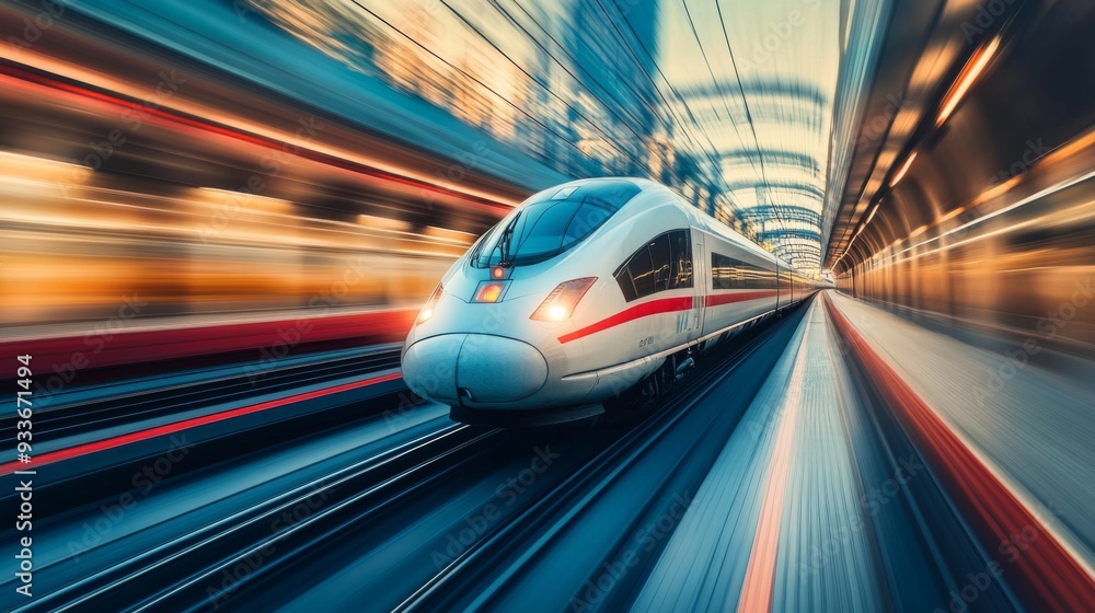 High-resolution view of a high-speed train on a dedicated track ...