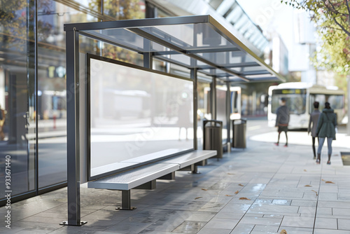 A modern bus stop with a blank billboard and a bench, with a bus and people in the background. Generative ai