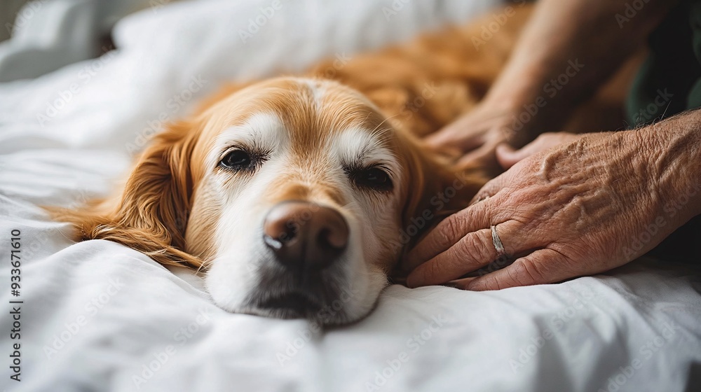 A therapy dog lying beside a person with a disability on a hospital bed showing the emotional comfort and support provided by the animal in a medical setting Stock Photo with copy space A therapy dog lying beside a person with a disability on a hospital bed showing the emotional comfort and support provided by the animal in a medical setting Stock Photo with copy space