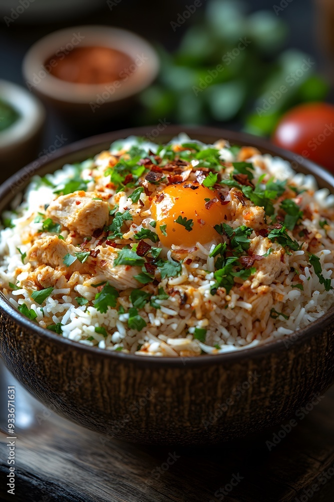Chicken Biryani: A traditional Indian dish featuring spiced rice and tender chicken, cooked with aromatic spices.