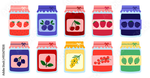 Berry jam. Glass jar of preserved Cherry jam, black currant, raspberry, gooseberry, blueberry, blackberry, strawberry, barberry, sea buckthorn confiture in bottle. Flat Vector illustration isolated