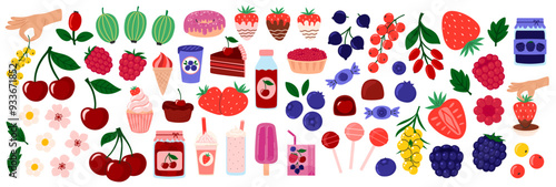 Berries set. Summer refreshing drinks, sweets and desserts with taste of berry. Cherry, black currant, raspberry, gooseberry, blueberry, blackberry, strawberry, barberry, sea buckthorn. Flat Vector 