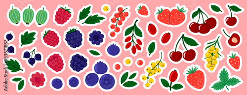 Berries stickers set. Cherry, black currant, raspberry, gooseberry, blueberry, blackberry, strawberry, barberry, sea buckthorn. Fresh summer juicy berry. Flat Vector illustration isolated