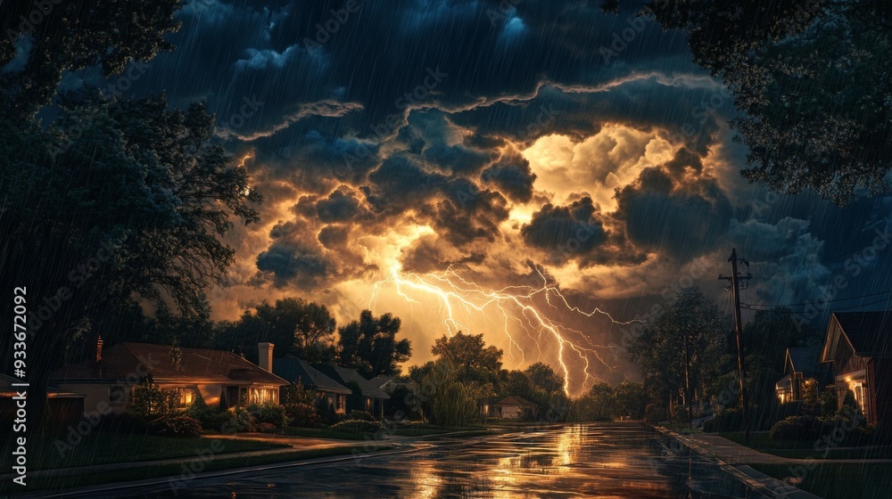 Fototapeta premium High-resolution view of a summer storm with rain cascading from thick clouds and lightning illuminating the night sky over a suburban neighborhood.