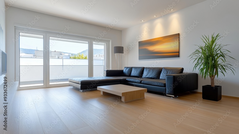 Sleek and modern living room with black leather furniture, sharp lines, and a minimalist design Sleek and modern living room with black leather furniture, sharp lines, and a minimalist design