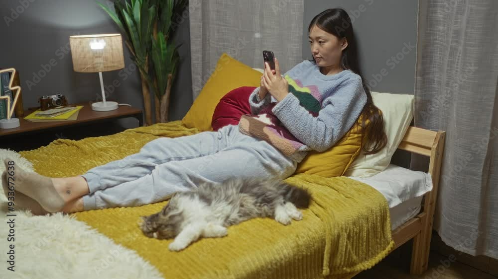 A young chinese woman is lying on a bed in her bedroom, using a ...
