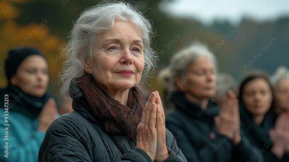 Senior woman practicing mindfulness and meditation in an outdoor gathering Senior woman practicing mindfulness and meditation in an outdoor gathering