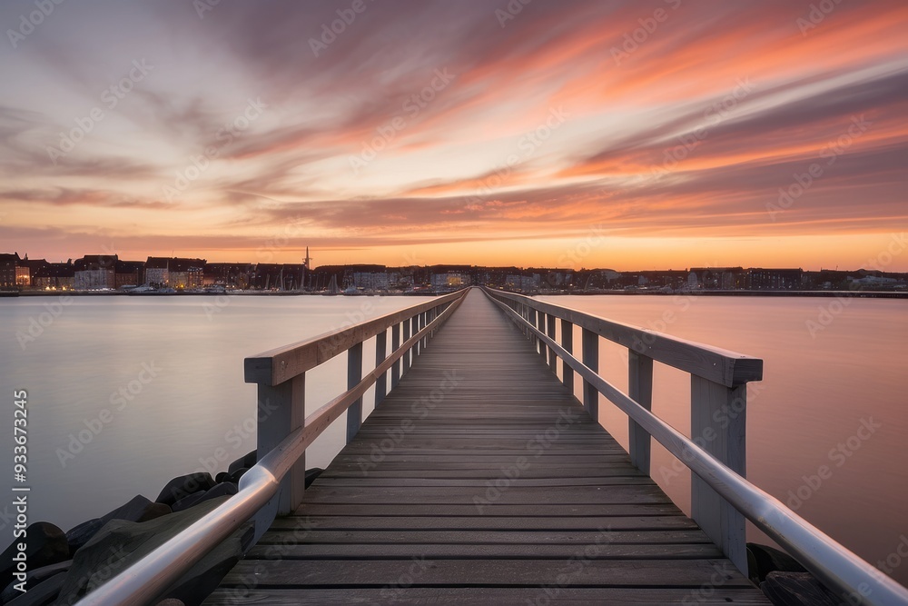 Wooden Pier Extending Towards City Skyline at Sunset Wooden Pier Extending Towards City Skyline at Sunset