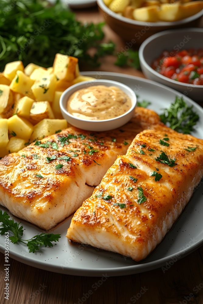 Top view of a fried fish steak with tartar sauce on the side, served on a plate. The realistic presentation showcases the crispy fish and creamy tartar sauce. Top view of a fried fish steak with tartar sauce on the side, served on a plate. The realistic presentation showcases the crispy fish and creamy tartar sauce.