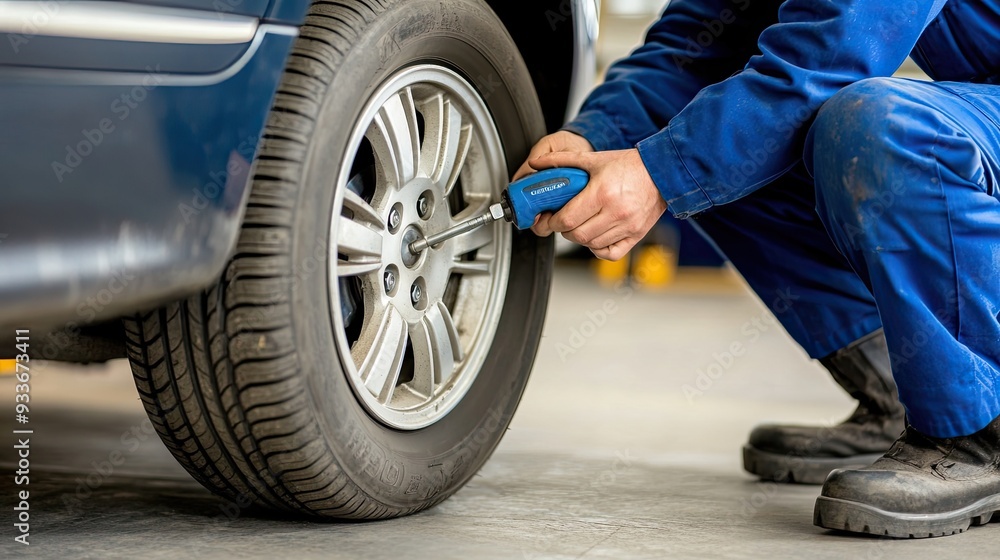 A mechanic works diligently with an impact screwdriver on a silver aluminum wheel, ensuring proper maintenance in a garage workshop A mechanic works diligently with an impact screwdriver on a silver aluminum wheel, ensuring proper maintenance in a garage workshop