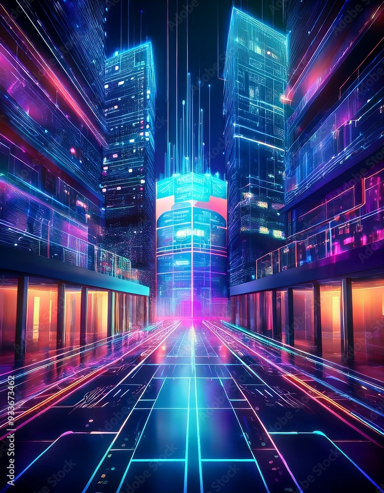 Fototapeta premium Business building with holographic security interface, representing advanced technology and data protection, sleek and futuristic