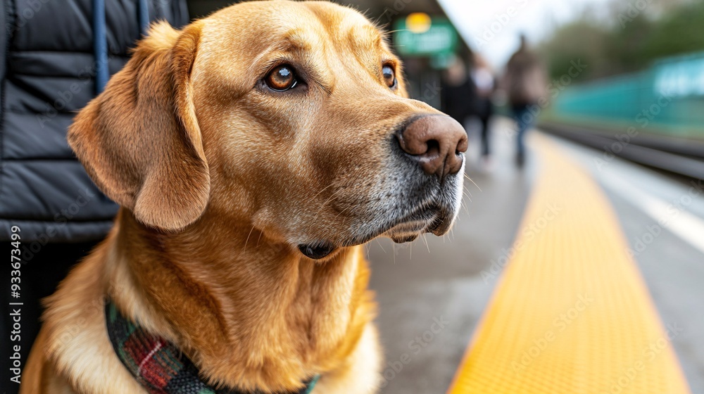 A visually impaired person and their guide dog navigating a train station emphasizing the dogs role in providing safe and confident travel Stock Photo with copy space
