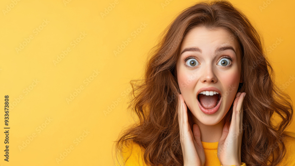 A young woman with a surprised expression, wearing a yellow sweater, set against a matching yellow background, conveying shock or excitement. A young woman with a surprised expression, wearing a yellow sweater, set against a matching yellow background, conveying shock or excitement.
