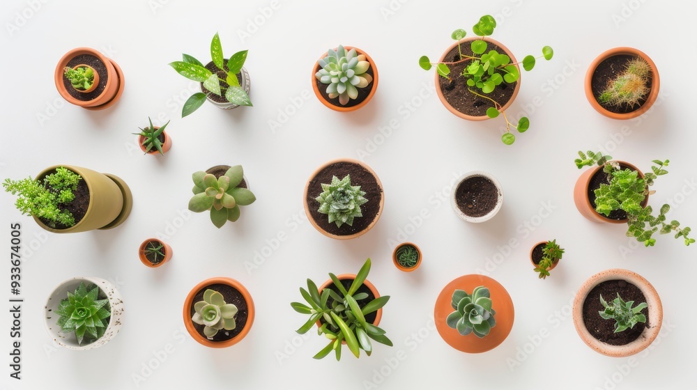 Many different potted plants lying on white surface Many different potted plants lying on white surface