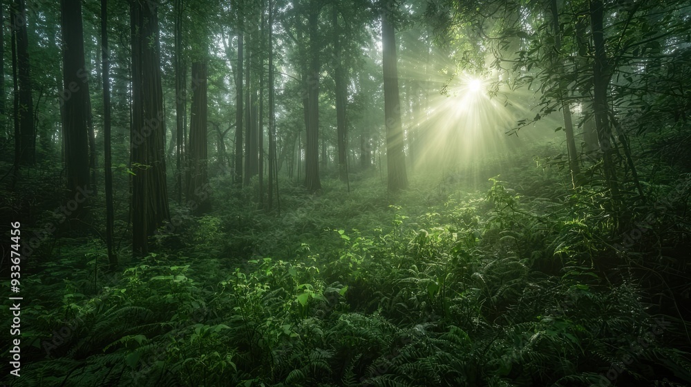 Fototapeta premium Enchanting Serenity of a Misty Morning in the Ancient Redwood Forest