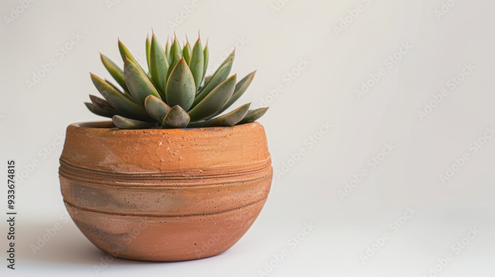 Green echeveria succulent plant growing in a clay pot Green echeveria succulent plant growing in a clay pot