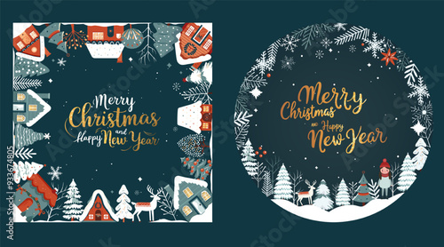 Set of xmas cards, frames with scandi houses, trees, golden lettering. Concept christmas and New Year. Winter poster