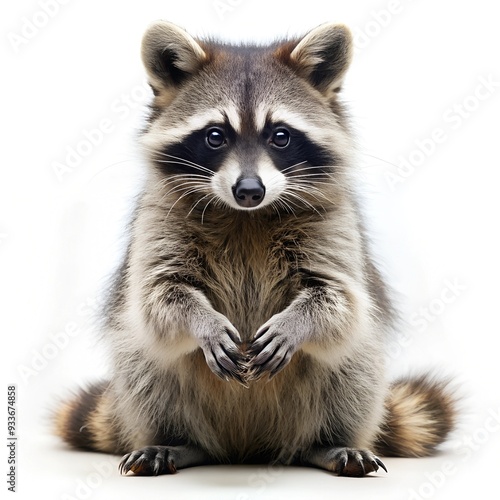  raccoon sitting on its hind legs, on a white background