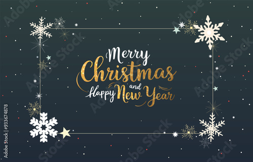 Merry Christmas frame with christmas elements. Christmas design, background, poster with golden lettering. Dark background