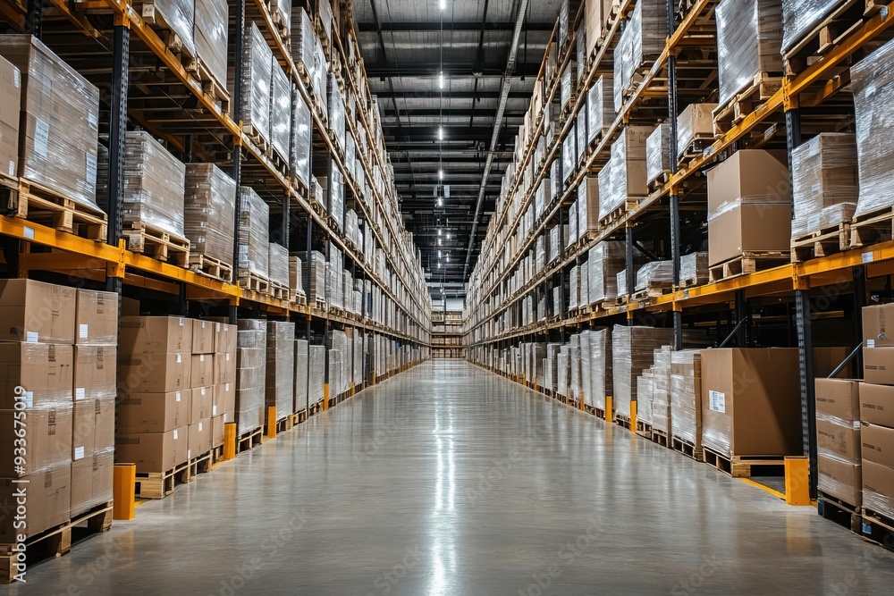 Spacious warehouse interior with organized shelves filled with cardboard boxes, showcasing efficient storage solutions. Spacious warehouse interior with organized shelves filled with cardboard boxes, showcasing efficient storage solutions.