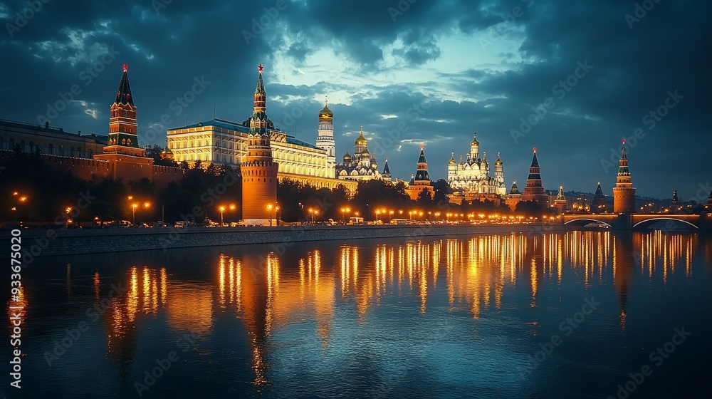 Obraz premium 39. The Kremlin in Moscow, Russia, lit with emerald and gold patterns at dusk. The historic complex reflects in nearby water pools. Cinematic, fantasy style