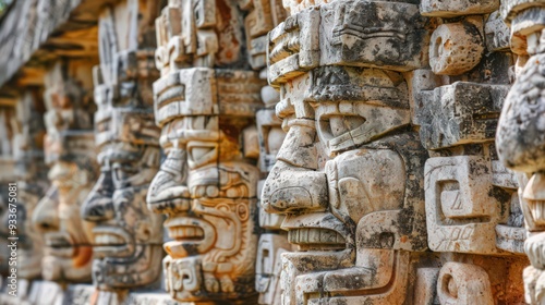 A detailed view of the carved stone faces at the Temple of Kukulkan photo