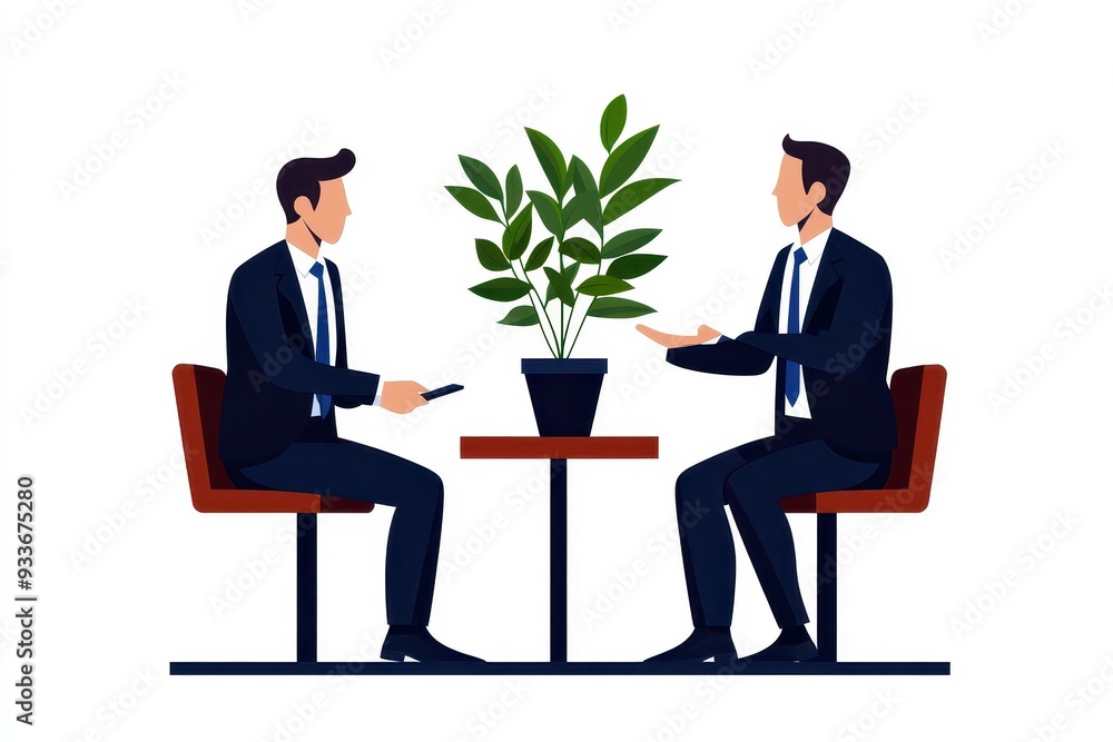 Two business professionals engage in a discussion around a table with a potted plant, symbolizing collaboration and growth. Two business professionals engage in a discussion around a table with a potted plant, symbolizing collaboration and growth.