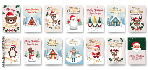 Big set of Christmas cards with cute winter characters. Golden lettering. Childish greeting card collection. New year invitation, banner