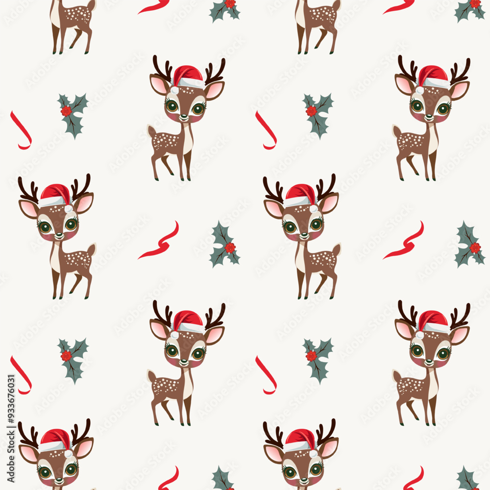 Naklejka premium Winter seamless pattern with cute reindeer in a hat. Christmas backgrounds. New year decorations. Cartoon xmas pattern.