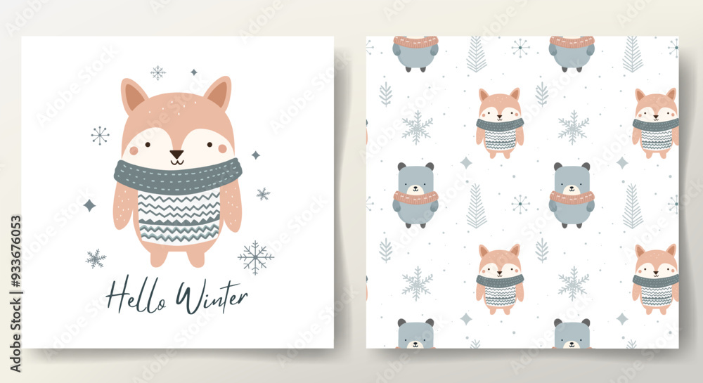 Hello winter card and seamless pattern with cute fox, snowy trees, bear. Christmas template. Winter animals. Hello winter card and seamless pattern with cute fox, snowy trees, bear. Christmas template. Winter animals.