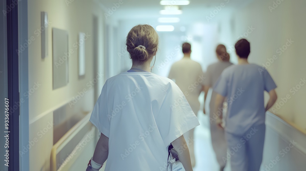 Obraz premium A female medical professional walks down a hospital corridor.