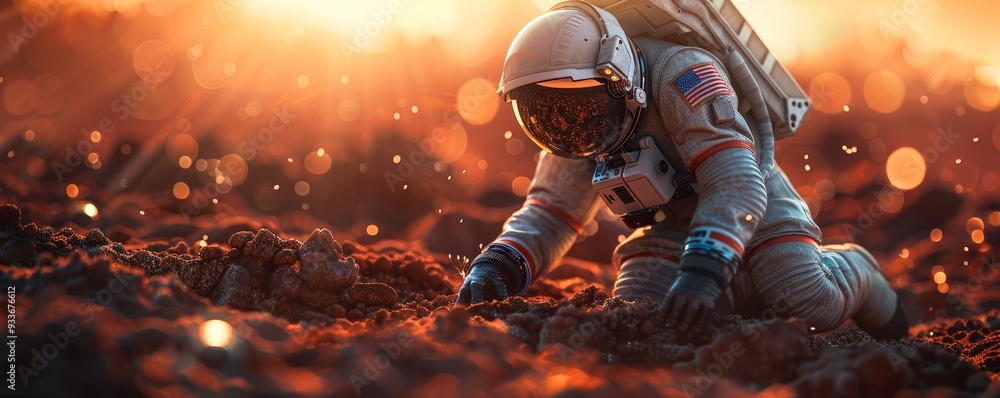 Fototapeta premium Astronaut Farmer Exploring Soil in Futuristic Agricultural Landscape at Sunset