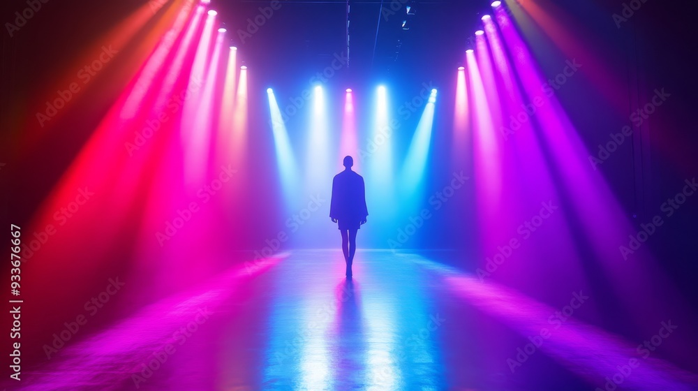 Catwalk illuminated by vibrant colored lights, model walking confidently in designer wear, creative lighting effects. Catwalk illuminated by vibrant colored lights, model walking confidently in designer wear, creative lighting effects.