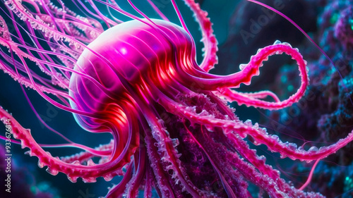 Vibrant pink jellyfish floating in the ocean with glowing tentacles photo