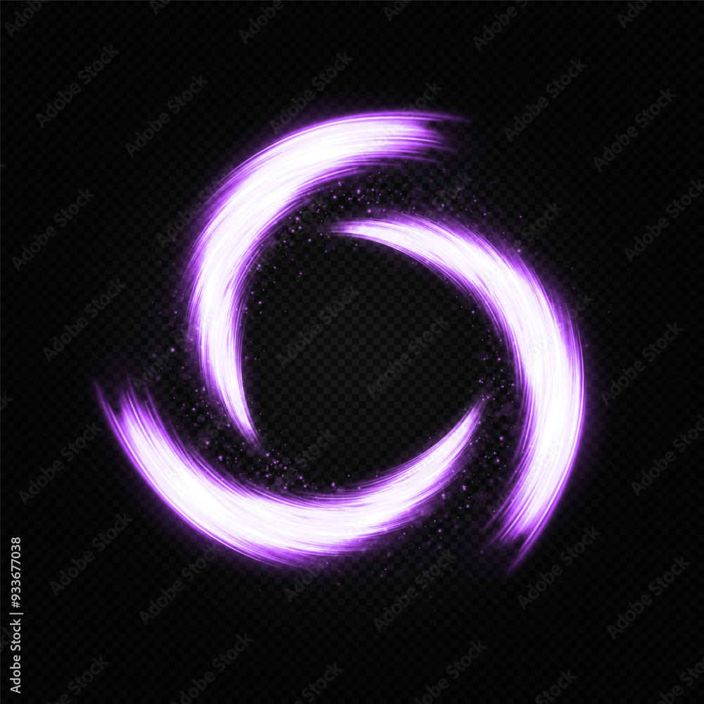 Magic glittering swirl of lines. Flaring trail with glittering dust, fairy dust. Purple flash flies in a circle in a luminous ring. Magic glittering swirl of lines. Flaring trail with glittering dust, fairy dust. Purple flash flies in a circle in a luminous ring.