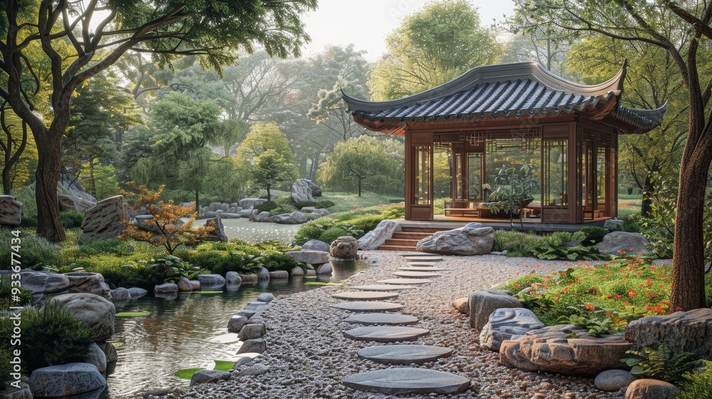Obraz premium Serene Traditional Asian Garden with Pagoda, Lush Greenery, and Tranquil Pond in Morning Light
