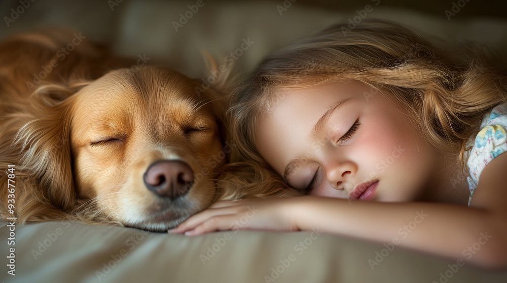 A pet dog resting beside a child who is sleeping soundly on a cozy bed highlighting the calming and comforting presence of the animal. Stock Photo with copy space A pet dog resting beside a child who is sleeping soundly on a cozy bed highlighting the calming and comforting presence of the animal. Stock Photo with copy space