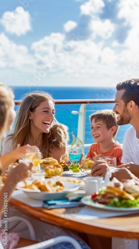 A happy family enjoying a meal on a cruise ship deck under a bright blue sky. The scene captures joyful interactions among the family members as they dine together, creating a warm and lively atmosphe