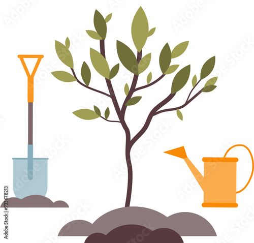 A young tree sapling with green leaves, flanked by a shovel and watering can, symbolizing growth and care.