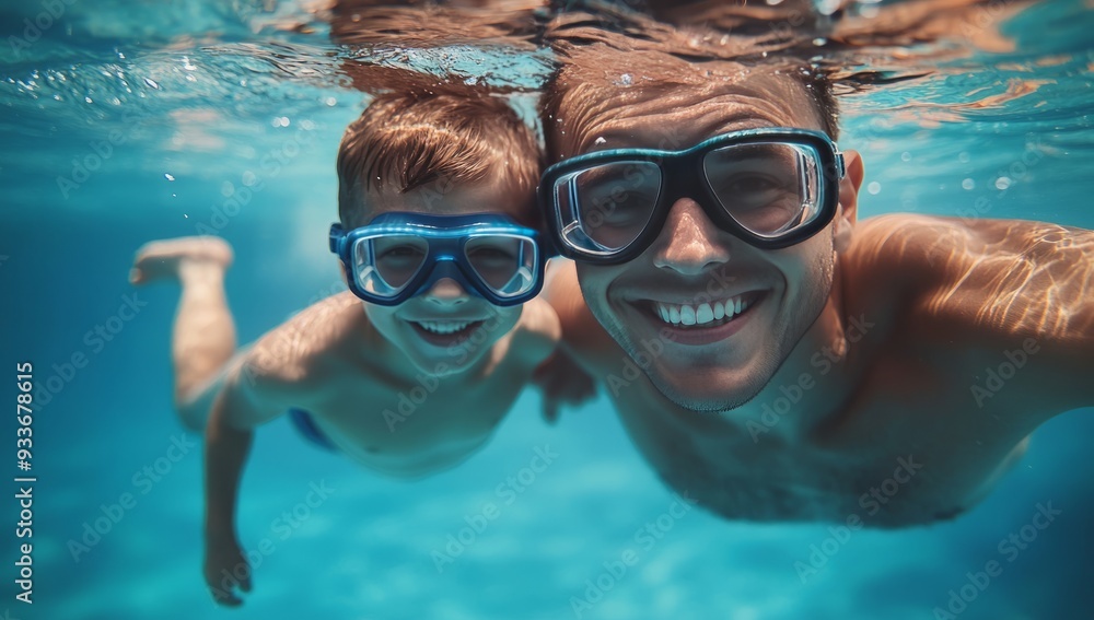 Naklejka premium Father & daughter swimming underwater in a pool on summer vacation. Googles water action shot. 