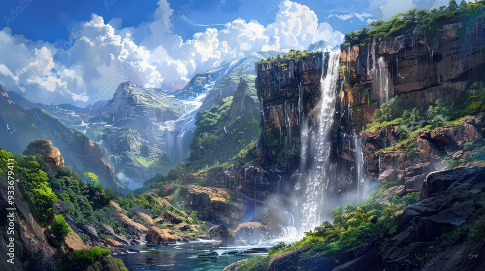 A dramatic waterfall cascades from a high cliff into a deep, clear pool, A dramatic waterfall cascades from a high cliff into a deep, clear pool,