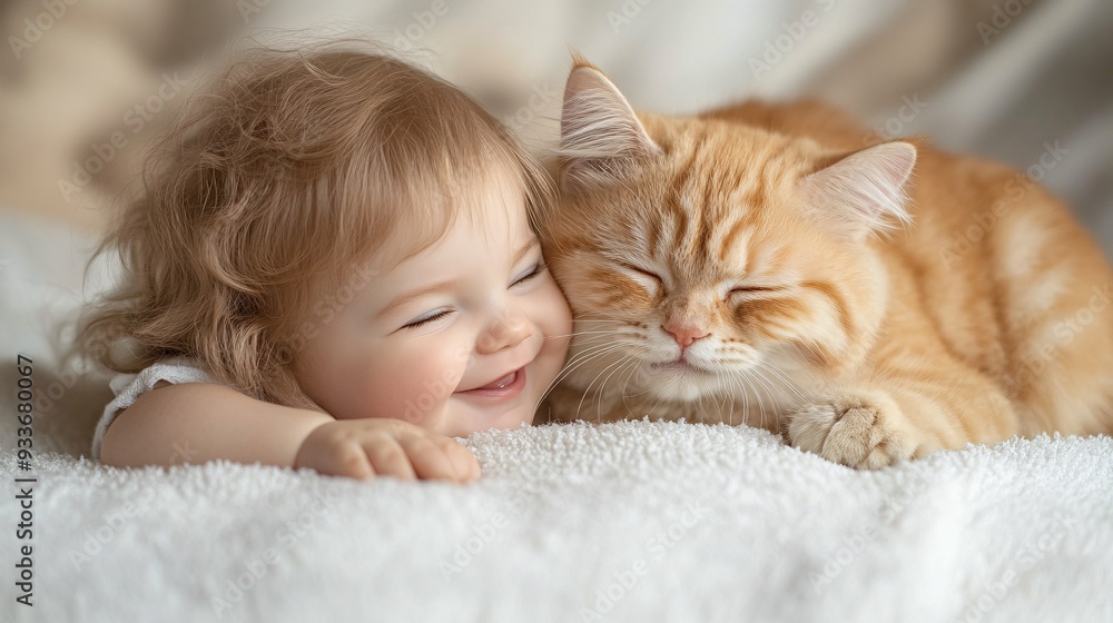 A baby touching the fur of a pet cat with a look of wonder and delight showing the early bonding and tactile experiences that pets provide. Stock Photo with copy space A baby touching the fur of a pet cat with a look of wonder and delight showing the early bonding and tactile experiences that pets provide. Stock Photo with copy space