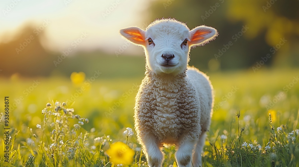 A cute little lamb stands in a field of wildflowers, looking directly at the camera. The sun is setting in the background, casting a warm glow on the scene. A cute little lamb stands in a field of wildflowers, looking directly at the camera. The sun is setting in the background, casting a warm glow on the scene.