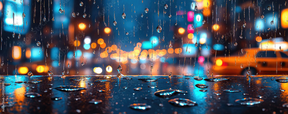 Obraz premium Racing raindrops on a windowpane during a storm with blurred city lights in the background, raindrops, melancholy